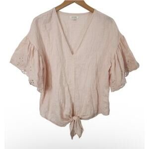 Max Studio XS Floral Embroidered Wide Short Flutter Sleeve V-Neck Blouse Blush